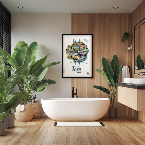 Plakat architektoniczny „Turku, pejzaż wspomnień” – impresyjna mapa miasta z lotu ptaka w delikatnych kolorach