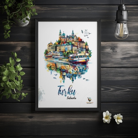 Plakat architektoniczny „Turku, pejzaż wspomnień” – impresyjna mapa miasta z lotu ptaka w delikatnych kolorach