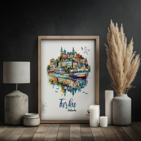 Plakat architektoniczny „Turku, pejzaż wspomnień” – impresyjna mapa miasta z lotu ptaka w delikatnych kolorach