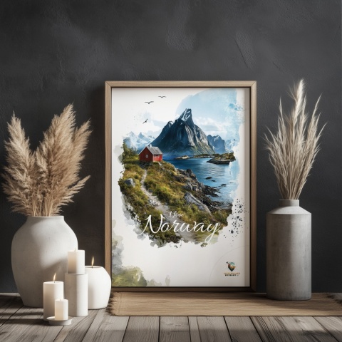 Plakat „Lofoty, taniec światła i mgły” – subtelna ilustracja norweskiego krajobrazu w pastelowej tonacji