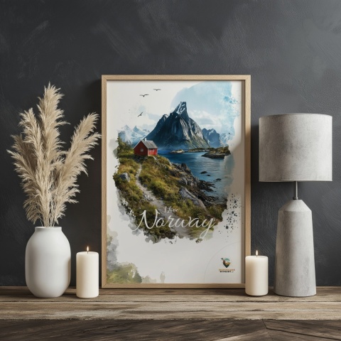 Plakat „Lofoty, taniec światła i mgły” – subtelna ilustracja norweskiego krajobrazu w pastelowej tonacji