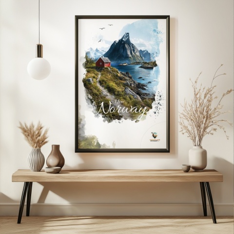 Plakat „Lofoty, taniec światła i mgły” – subtelna ilustracja norweskiego krajobrazu w pastelowej tonacji