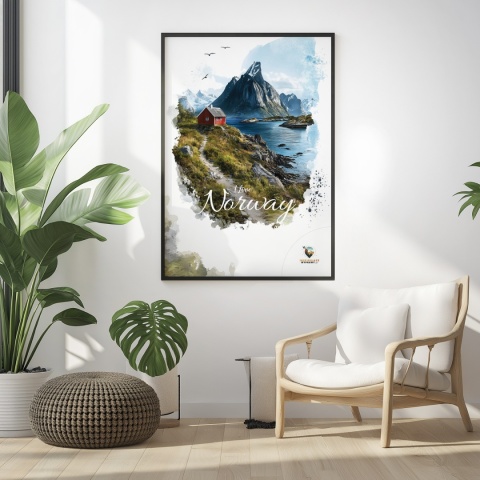 Plakat „Lofoty, taniec światła i mgły” – subtelna ilustracja norweskiego krajobrazu w pastelowej tonacji