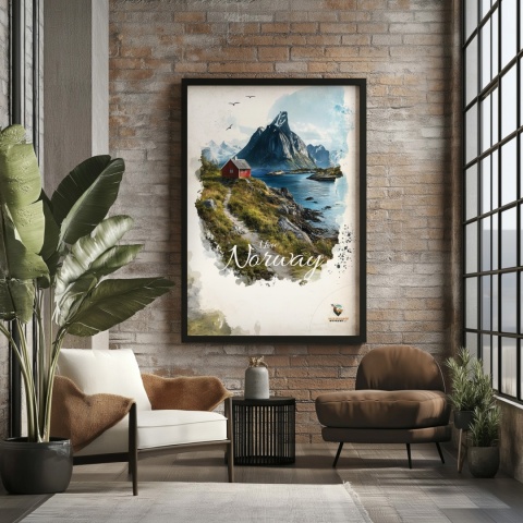 Plakat „Lofoty, taniec światła i mgły” – subtelna ilustracja norweskiego krajobrazu w pastelowej tonacji