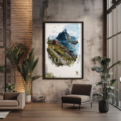 Plakat „Lofoty, taniec światła i mgły” – subtelna ilustracja norweskiego krajobrazu w pastelowej tonacji