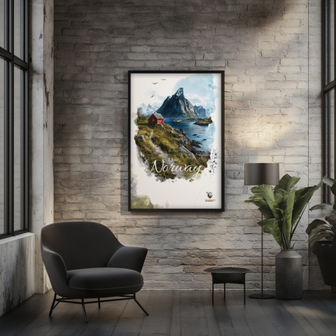 Plakat „Lofoty, taniec światła i mgły” – subtelna ilustracja norweskiego krajobrazu w pastelowej tonacji