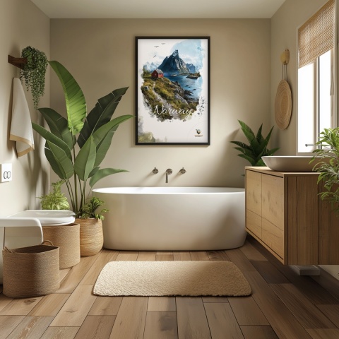 Plakat „Lofoty, taniec światła i mgły” – subtelna ilustracja norweskiego krajobrazu w pastelowej tonacji