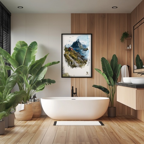 Plakat „Lofoty, taniec światła i mgły” – subtelna ilustracja norweskiego krajobrazu w pastelowej tonacji