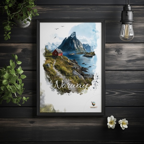 Plakat „Lofoty, taniec światła i mgły” – subtelna ilustracja norweskiego krajobrazu w pastelowej tonacji