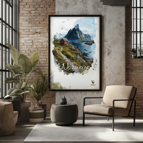 Plakat „Lofoty, taniec światła i mgły” – subtelna ilustracja norweskiego krajobrazu w pastelowej tonacji