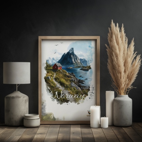 Plakat „Lofoty, taniec światła i mgły” – subtelna ilustracja norweskiego krajobrazu w pastelowej tonacji