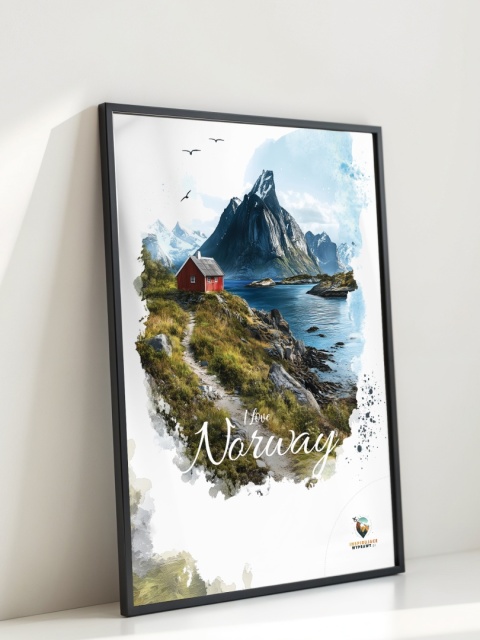 Plakat „Lofoty, taniec światła i mgły” – subtelna ilustracja norweskiego krajobrazu w pastelowej tonacji