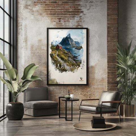 Plakat „Lofoty, taniec światła i mgły” – subtelna ilustracja norweskiego krajobrazu w pastelowej tonacji