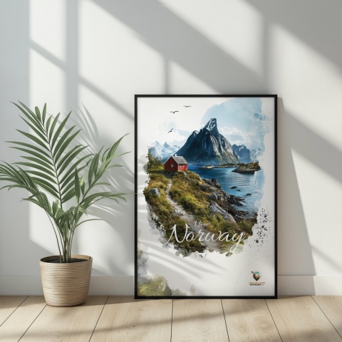 Plakat „Lofoty, taniec światła i mgły” – subtelna ilustracja norweskiego krajobrazu w pastelowej tonacji