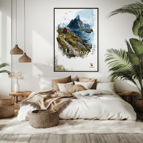 Plakat „Lofoty, taniec światła i mgły” – subtelna ilustracja norweskiego krajobrazu w pastelowej tonacji