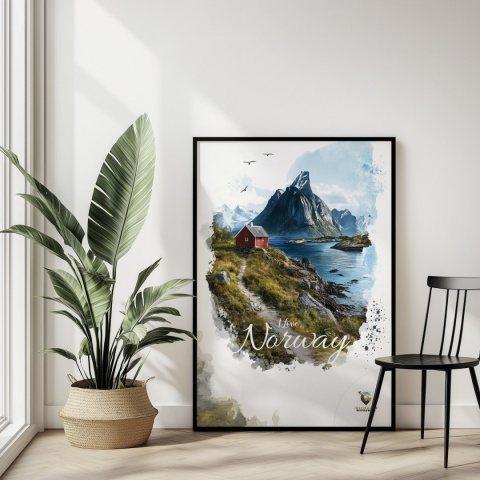 Plakat „Lofoty, taniec światła i mgły” – subtelna ilustracja norweskiego krajobrazu w pastelowej tonacji