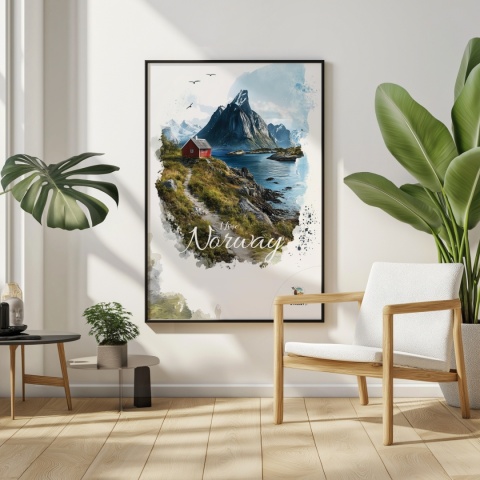 Plakat „Lofoty, taniec światła i mgły” – subtelna ilustracja norweskiego krajobrazu w pastelowej tonacji