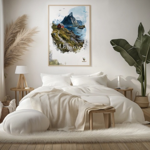 Plakat „Lofoty, taniec światła i mgły” – subtelna ilustracja norweskiego krajobrazu w pastelowej tonacji