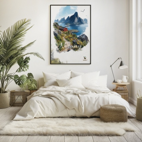 Plakat „Lofoty, taniec światła i mgły” – subtelna ilustracja norweskiego krajobrazu w pastelowej tonacji