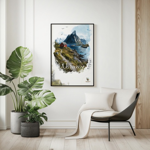 Plakat „Lofoty, taniec światła i mgły” – subtelna ilustracja norweskiego krajobrazu w pastelowej tonacji