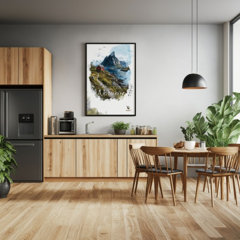 Plakat „Lofoty, taniec światła i mgły” – subtelna ilustracja norweskiego krajobrazu w pastelowej tonacji