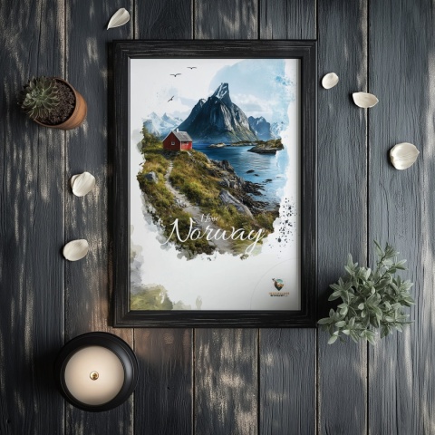 Plakat „Lofoty, taniec światła i mgły” – subtelna ilustracja norweskiego krajobrazu w pastelowej tonacji