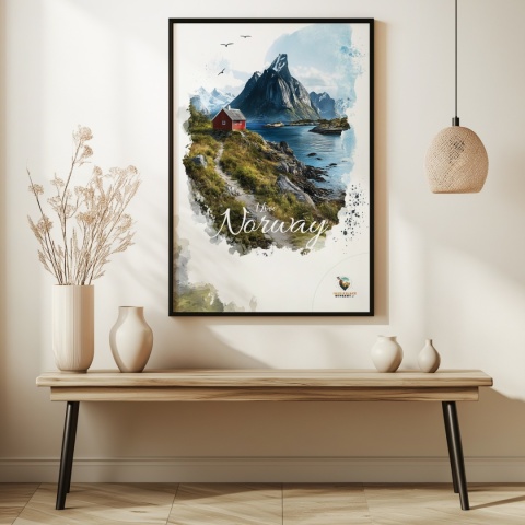 Plakat „Lofoty, taniec światła i mgły” – subtelna ilustracja norweskiego krajobrazu w pastelowej tonacji