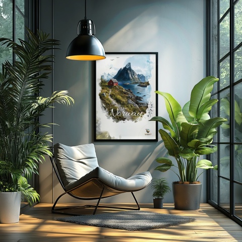 Plakat „Lofoty, taniec światła i mgły” – subtelna ilustracja norweskiego krajobrazu w pastelowej tonacji