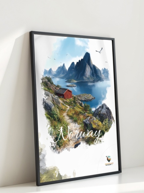 Plakat „Lofoty, spokój wśród szczytów” – czerwony domek nad fiordem i majestatyczne góry w tle
