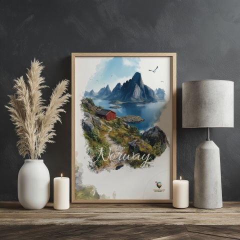 Plakat „Lofoty, spokój wśród szczytów” – czerwony domek nad fiordem i majestatyczne góry w tle