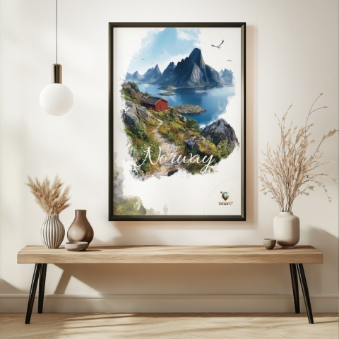 Plakat „Lofoty, spokój wśród szczytów” – czerwony domek nad fiordem i majestatyczne góry w tle