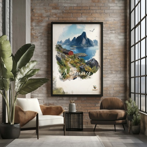 Plakat „Lofoty, spokój wśród szczytów” – czerwony domek nad fiordem i majestatyczne góry w tle