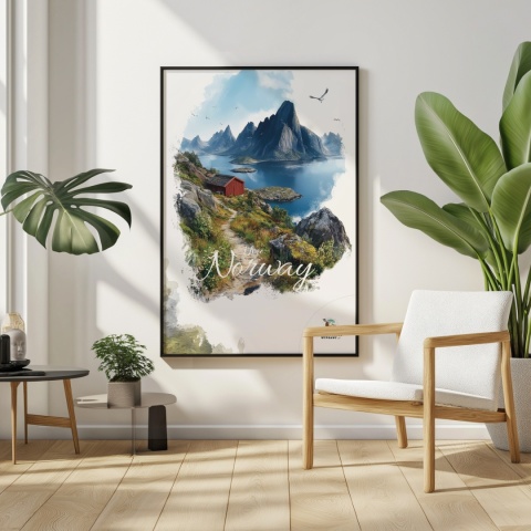 Plakat „Lofoty, spokój wśród szczytów” – czerwony domek nad fiordem i majestatyczne góry w tle