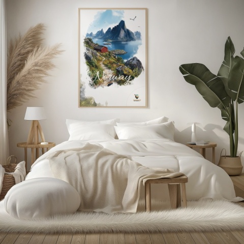 Plakat „Lofoty, spokój wśród szczytów” – czerwony domek nad fiordem i majestatyczne góry w tle