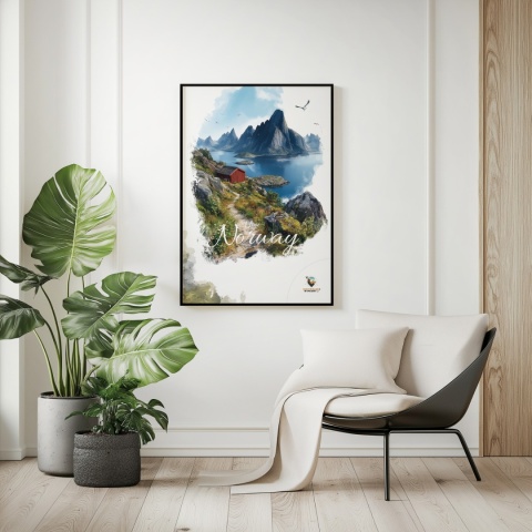 Plakat „Lofoty, spokój wśród szczytów” – czerwony domek nad fiordem i majestatyczne góry w tle