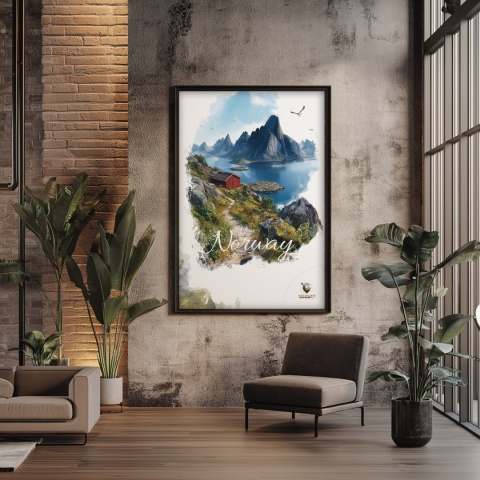 Plakat „Lofoty, spokój wśród szczytów” – czerwony domek nad fiordem i majestatyczne góry w tle
