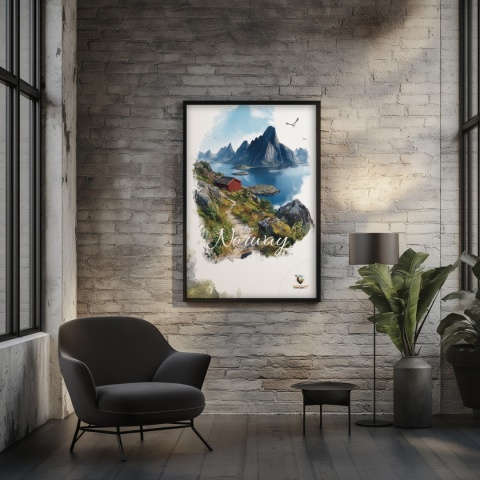 Plakat „Lofoty, spokój wśród szczytów” – czerwony domek nad fiordem i majestatyczne góry w tle