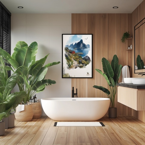 Plakat „Lofoty, spokój wśród szczytów” – czerwony domek nad fiordem i majestatyczne góry w tle