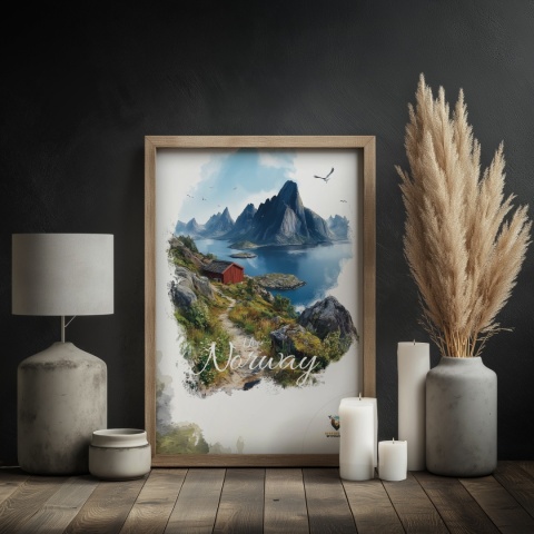 Plakat „Lofoty, spokój wśród szczytów” – czerwony domek nad fiordem i majestatyczne góry w tle