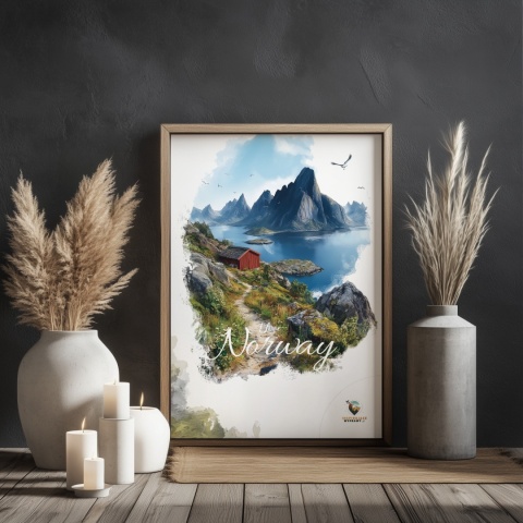 Plakat „Lofoty, spokój wśród szczytów” – czerwony domek nad fiordem i majestatyczne góry w tle