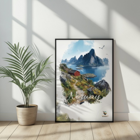 Plakat „Lofoty, spokój wśród szczytów” – czerwony domek nad fiordem i majestatyczne góry w tle
