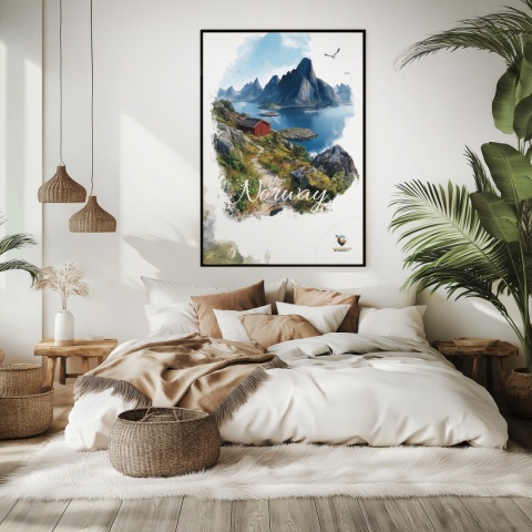 Plakat „Lofoty, spokój wśród szczytów” – czerwony domek nad fiordem i majestatyczne góry w tle