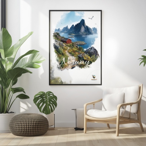 Plakat „Lofoty, spokój wśród szczytów” – czerwony domek nad fiordem i majestatyczne góry w tle