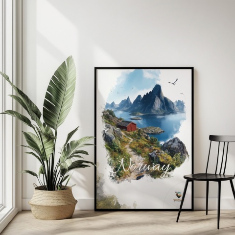 Plakat „Lofoty, spokój wśród szczytów” – czerwony domek nad fiordem i majestatyczne góry w tle
