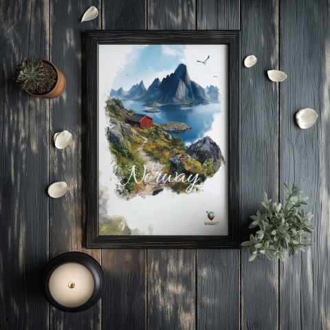 Plakat „Lofoty, spokój wśród szczytów” – czerwony domek nad fiordem i majestatyczne góry w tle