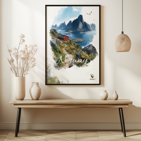 Plakat „Lofoty, spokój wśród szczytów” – czerwony domek nad fiordem i majestatyczne góry w tle