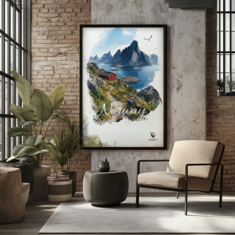 Plakat „Lofoty, spokój wśród szczytów” – czerwony domek nad fiordem i majestatyczne góry w tle