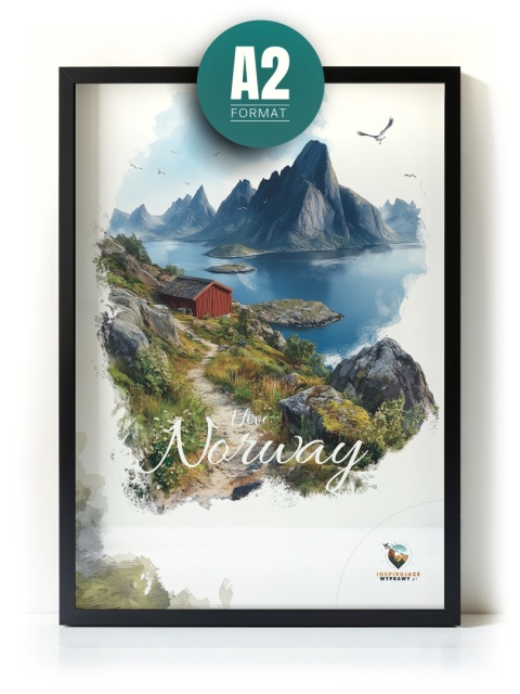 Plakat „Lofoty, spokój wśród szczytów” – czerwony domek nad fiordem i majestatyczne góry w tle