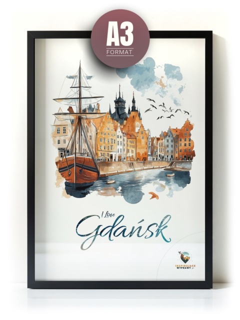 Plakat architektoniczny Format A3 – „Gdańsk – I LOVE GDAŃSK” – Malarska interpretacja Gdańskiej panoramy nad Motławą