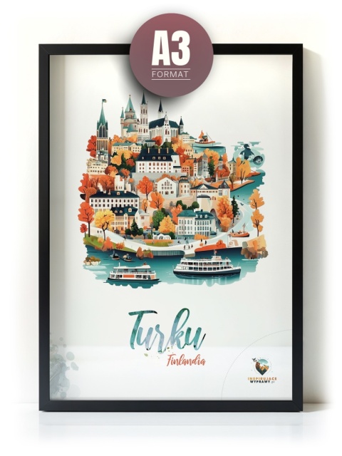 Plakat architektoniczny „Turku, złoto nad zatoką” – jesienna panorama fińskiego miasta w ciepłych kolorach